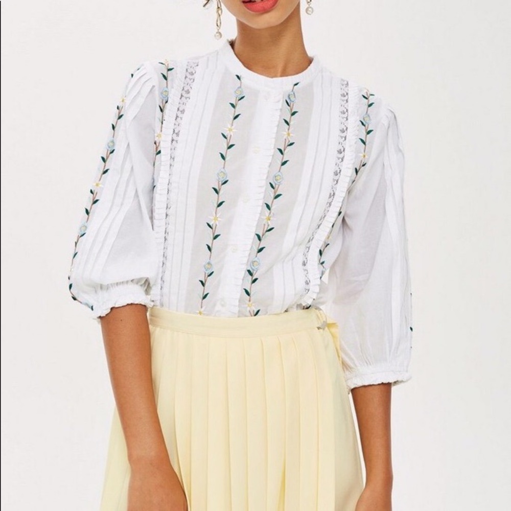 Topshop Floral Embroidered Lace Button Shirt